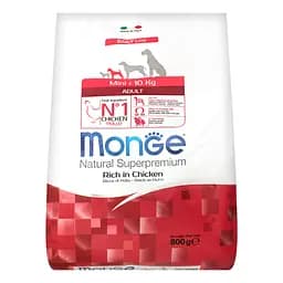 Сухой корм Monge Dog Mini Adult, для взрослых собак маленьких пород, курица с рисом, 800 г