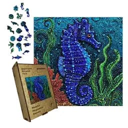 Дерев'яний фігурний пазл Мозаїка Морського Коника, А4, Дерев'яна коробка 100 елементів