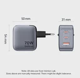 Зарядний пристрій Vention 70W GaN FEX 1U+2C чорний євровилка - мініатюра 3