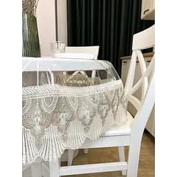 Силиконовая скатерть с бело-кофейным кружевом Ришелье 15см 340х160 см