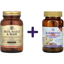 Комплекс для кожи волос и ногтей Solgar Skin, Nails & Hair Advanced MSM 60 таблеток + Комплекс витаминов и минералов для детей Solgar Kangavites вкус ягод 120 жевательных таблеток