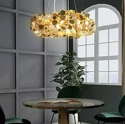 Современная люстра с густыми монетками в золотом цвете корпуса Line.F Диаметр 60см