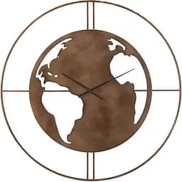 Настінні годинники J-line круглі в металевому корпусі 90 см з картою світу коричневого кольору (36871)