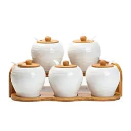 Набір ємностей для сипучих продуктів Yiwu HP1253 5 шт по 250 мл на бамбуковій підставці білий