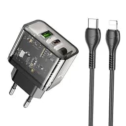Зарядное устройство Hoco N34 USB/ Type-C QC PD 20W прозрачно-черный + кабель Type-C to Lightning