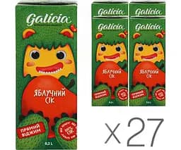 Galicia, Упаковка 27 шт. х 0,2 л, Сік натуральний Яблучний Галіція, без цукру, з трубочкою