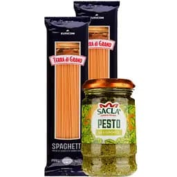 Набор: Изделия макаронные Terra di Grano Спагетти 1 кг (2 шт. x 500 г) + Соус Sacla Песто с базиликом 190 г 