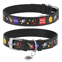 Нашийник для собак шкіряний Waudog Design з QR-паспортом "NASA" S Ш 15 мм Д 26-35 см чорний