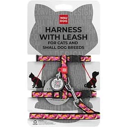 Шлея з повідцем для котів та дрібних порід собак Waudog Nylon з QR паспортом, малюнок "Банани на рожевому", пластиковий фастекс