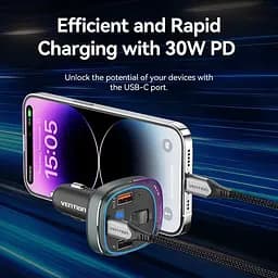 Автомобільний FM-трансміттер Vention PD 54W 3-Port USB (C+A+A) LED/USB Flash/Bluetooth, вольтметр - мініатюра 9