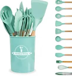 Силіконовий кухонний набір приладдя Kitchen & Dining 12 предметів (дерево+силікон) бірюзовий - мініатюра 3