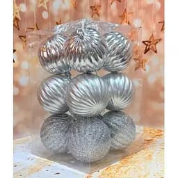 Набір ялинкових іграшок Рельєф пластикових круглих 12 шт 8 см Срібний