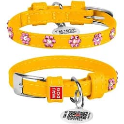 Нашийник для собак Waudog Glamour шкіряний з QR паспортом, з клейовими стразами Квіточка, XS, Ш 12 мм, Дов 21-29 см