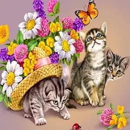 Алмазна мозаїка 30*30 см зі стразами на підрамнику повна викладка Котики і квіти