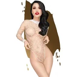 Боді Penthouse Scandalous S/L White, велика сітка, високий комір, довгі рукави