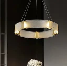 Дизайнерская LED люстра с фактурным стеклом в золотом каркасе Line.F Диаметр 80см