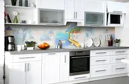 Вініловий кухонний фартух Happy Pocket Пастельний Санторіні наклейка для кухні ПВХ Греція Море Блакитний Z181547