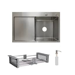 Кухонна мийка Lidz Handmade H7849L інтегрована крило зліва Brushed у комплекті з дозатором та корзиною, Нержавіюча сталь