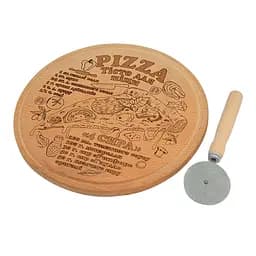 Доска для пиццы кухонная разделочная деревянная из бука с каймой, гравировкой и ножом для пиццы Ø 30 см, Woodly Бежевый 87162