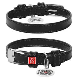Ошейник для собак кожаный Waudog Glamour с QR-паспортом без украшений XS Ш 12 мм Д 21-29 см черный