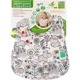 Непромокающий нагрудник с карманом Эко Пупс Eсo Cotton Premium Бегемотики 30х21 см молочный с серым (EPB-005)