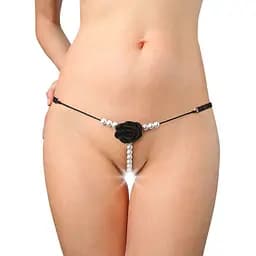 Сексуальні трусики з перлами та трояндочкою Aurora чорні XS-М