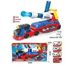 Потяг з механічною ракетницею, звуки, підсвічування, 2 металопластикові машинки, м'які кульки JP588-34A