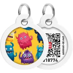 Адресник для собак і котів Waudog Smart ID з QR паспортом Мохнаті монстри коло 30 мм