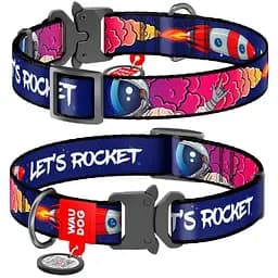 Нашийник для собак Waudog Nylon нейлоновий з QR-паспортом малюнок Космос. Ракета Розмір L