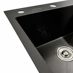 Кухонна мийка чорна PVD 78x48 L Platinum Handmade (два отвори, круглий сифон 3,0/0,8), Чорний - мініатюра 5