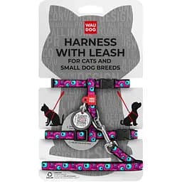 Шлея с поводком для кошек и мелких пород собак Waudog Nylon Глаз монстра с QR паспортом XS 25-40x20-30x1/122 см