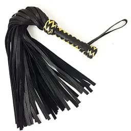 Черный флоггер классический с золотой рукоятью, натуральная кожа, 50 хвостов, по 50см, рукоятка 20см