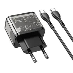 МЗП Hoco N34 Dazzling dual-port PD20W + QC3.0 charger set (Type-C to Type-C) (EU) Transparent Black - мініатюра 3