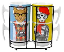 Набір чашок на металевій підставці Limited Edition Cat & Hats, 5 предметів (6518450)