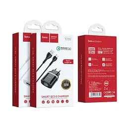 Мережевий зарядний пристрій Hoco C12Q USB QC 18W чорний + кабель USB to Type-C - мініатюра 6