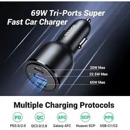 Автомобільний зарядний пристрій Ugreen CD239 2xUSB Type-C PD + USB-A Car Charger 69W Max чорний - мініатюра 4