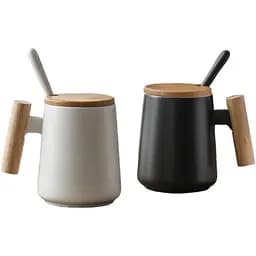Кухлі керамічні комплект OldBro з дерев'яною ручкою кришкою та ложкою 480 мл black white