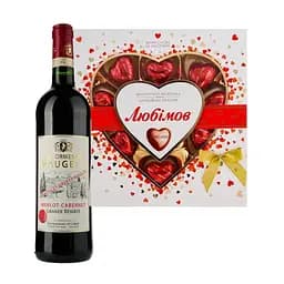 Набір: Вино Les Ormes De Vaugely Les Galets Roules Merlot Cabernet Vin de France червоне сухе 0.75 л + Цукерки Любімов з горіховим праліне у молочному шоколаді 108 г