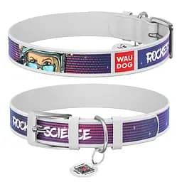 Нашийник для собак шкіряний Waudog Design з QR-паспортом "Космос. Ракетобудування" S Ш 15 мм Д 26-35 см білий