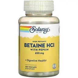 Бетаина гидрохлорид и пепсин Solaray Betaine HCl With Pepsin 650 мг 100 вегетарианских капсул