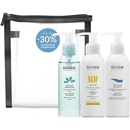 Подарунковий набір №4 Babe Laboratorios: Міцелярний гель для делікатної та глибокої очистки, 90 мл + Масляне мило для душу з формулою без води та лугу, 100 мл + М'який шампунь для всіх типів волосся, 100 мл + Косметичка