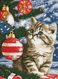 Алмазная мозаика на подрамнике Котенок под елкой с АВ стразами Ideyka 30х40см AMO7787