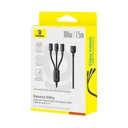 Кабель 3 в 1 Baseus Silky One-for-Three Fast Charging Cable USB-A to M+L+C 100W 1.5 м Чорний - мініатюра 2