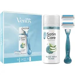Подарочный набор для женщин Gillette Venus: бритва Smooth + сменные картриджи, 2 шт. + гель для бритья Satin Care 75 мл