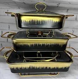 Набор из 3-х мармитов керамических прямоугольных Kitchen с крышками из стекла Черно Золотой