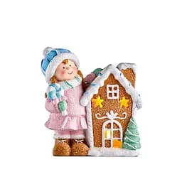 Новорічна декоративна фігурка Дівчинка з пряниковим будиночком Yiwu CR-6-4 з підсвічуванням з порцеляни 15 × 8 × 16 см 