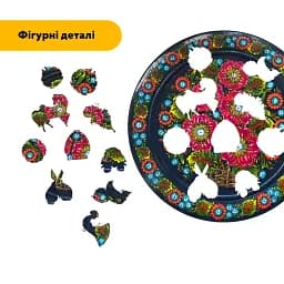Дерев'яний фігурний пазл Петриківський Розпис Квітучі Мальви Катерини Каракуці, А4, Дерев'яна коробка 100 елементів - мініатюра 3