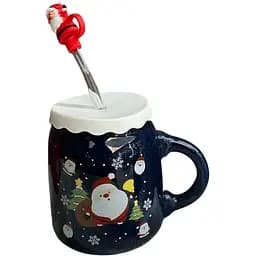 Чашка новогодняя Olens 102-1082 Санта керамика с крышкой и трубочкой 460 мл Синяя