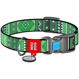 Нашийник для собак Waudog Nylon Етно зелений, з QR паспортом, пластиковый фастекс, XL, 35-58х2,5 см