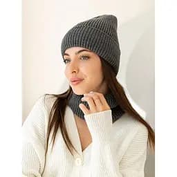 Женская вязаная шапка и снуд набор 2 шерсть 20% с отворотом Серий